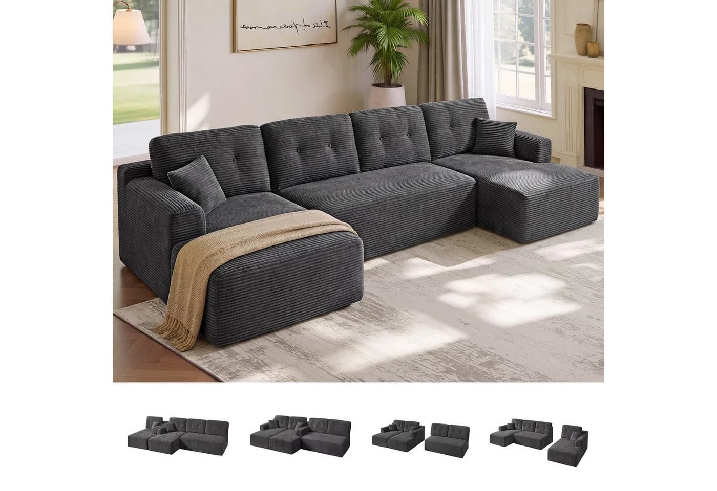 VASAGLE Wohnlandschaft U-Form 6-Sitzer Cord Sofa Grau