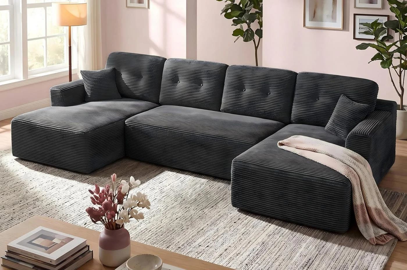 VASAGLE Wohnlandschaft U-Form 6-Sitzer Cord Sofa Grau - Bild 2
