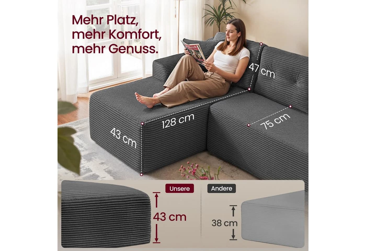 VASAGLE Wohnlandschaft U-Form 6-Sitzer Cord Sofa Grau - Bild 3