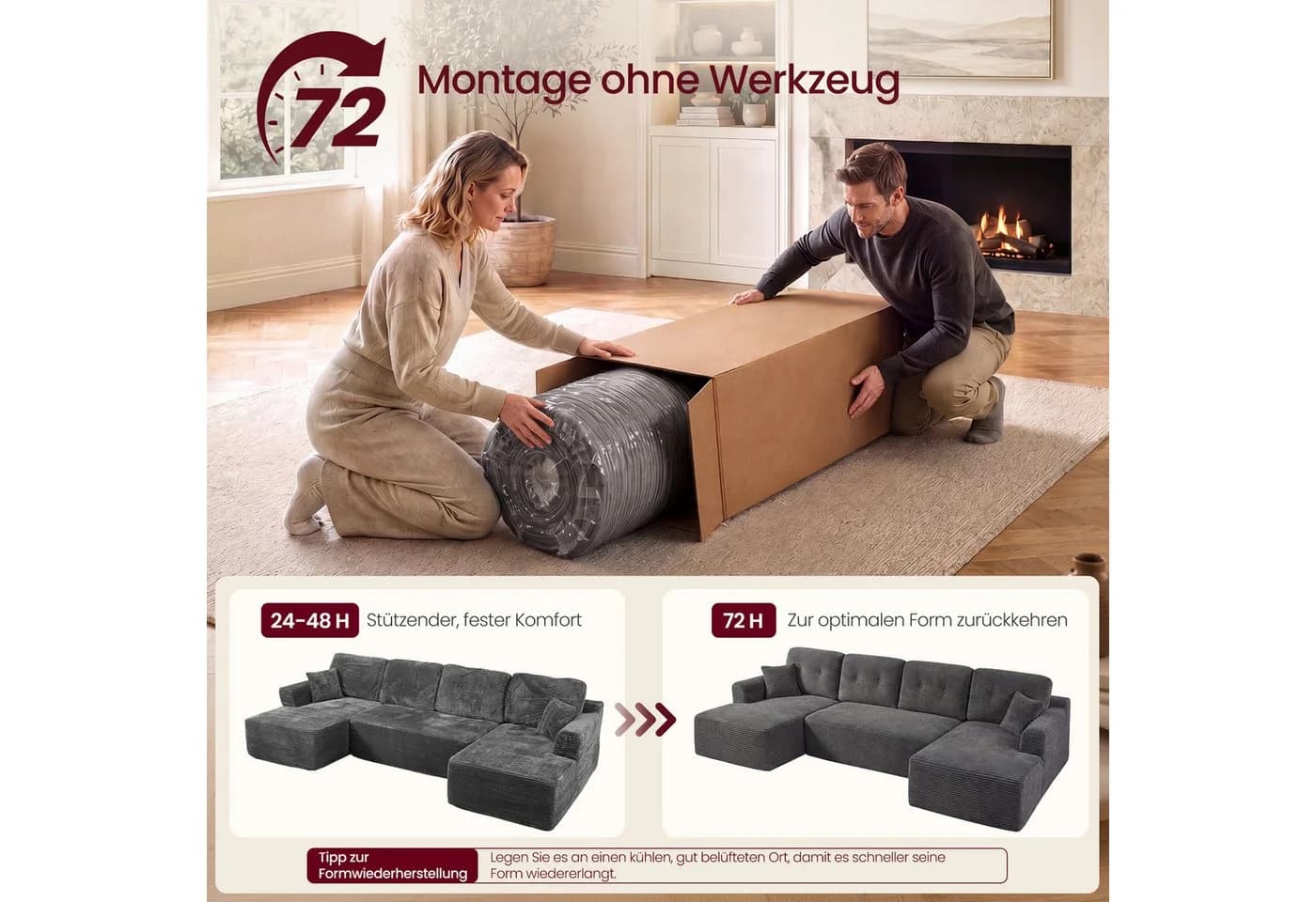 VASAGLE Wohnlandschaft U-Form 6-Sitzer Cord Sofa Grau - Bild 5