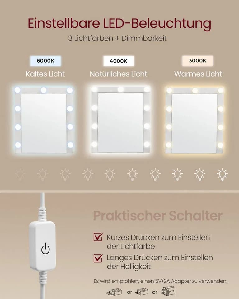 VASAGLE Schminktisch mit LED-Beleuchtung und Hocker Weiß - Bild 5