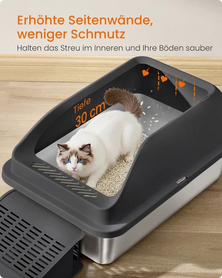 FEANDREA Katzentoilette Edelstahl Schwarz mit hohen Seitenwänden - Bild 4
