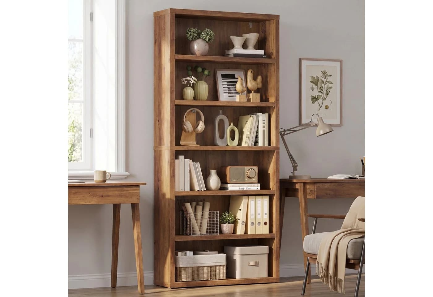 VASAGLE Bücherregal Standregal 6 Ebenen Gelbbraun Modern