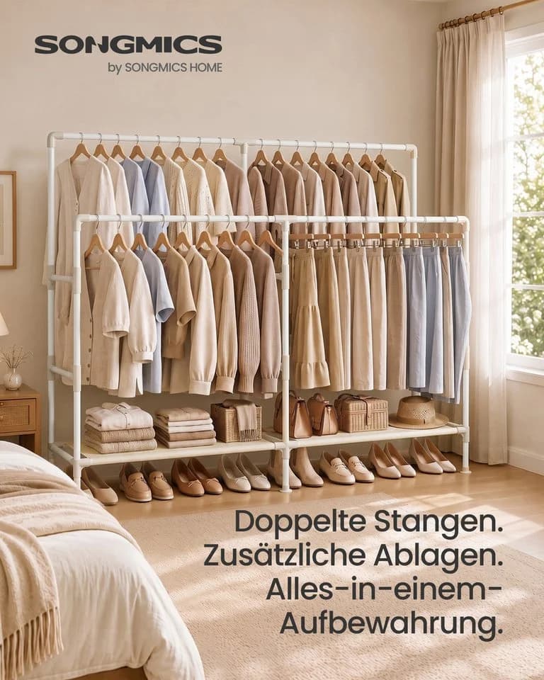 SONGMICS Kleiderständer Weiß mit Doppelstange und Ablagen