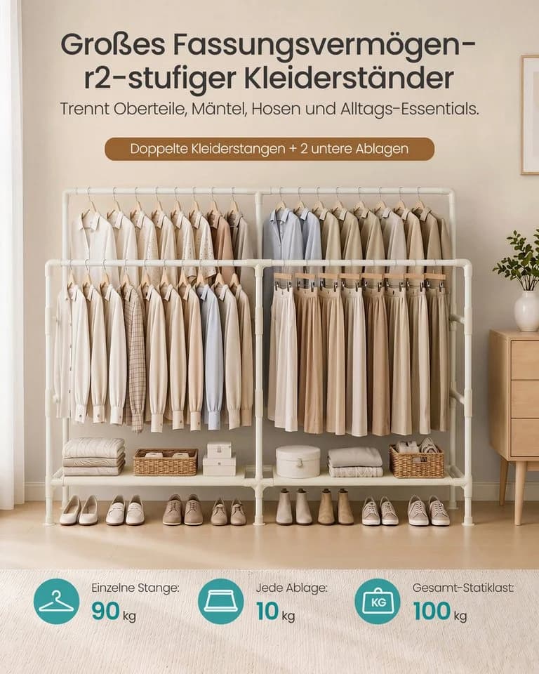 SONGMICS Kleiderständer Weiß mit Doppelstange und Ablagen - Bild 3