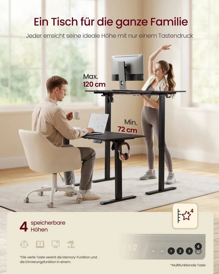 VASAGLE Höhenverstellbarer Schreibtisch Schwarz mit Memory-Funktion - Bild 3