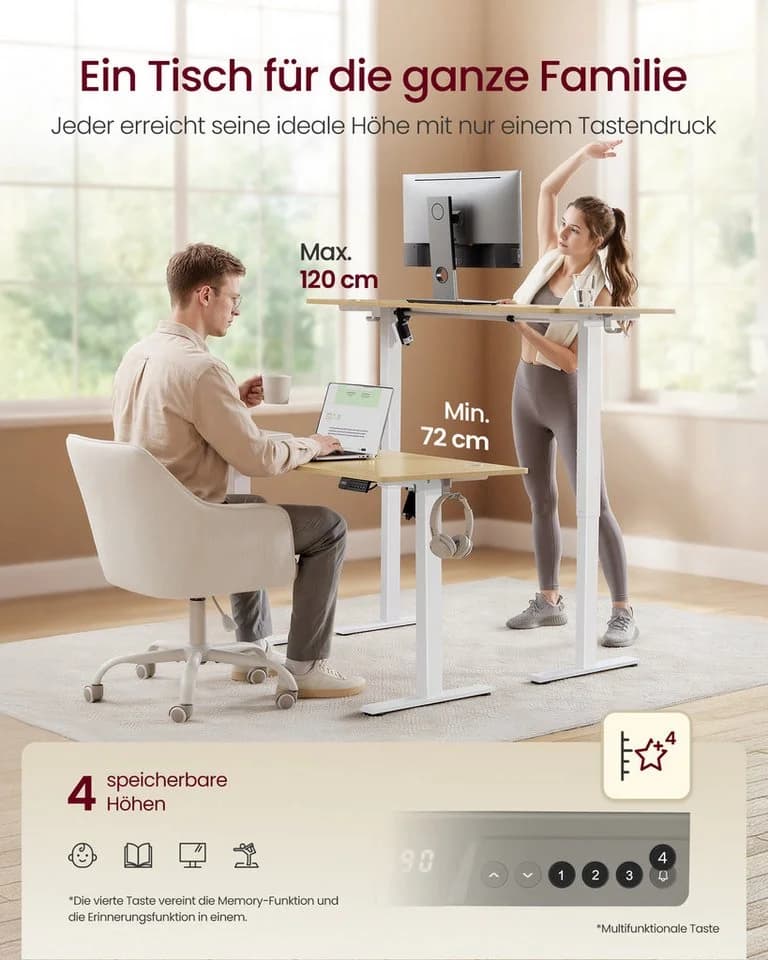 VASAGLE Höhenverstellbarer Schreibtisch Elektrisch Memory-Funktion Beige/Weiß - Bild 3