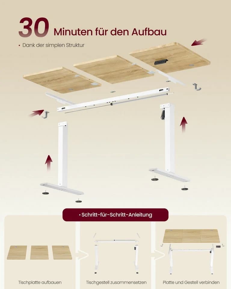VASAGLE Höhenverstellbarer Schreibtisch Elektrisch Memory-Funktion Beige/Weiß - Bild 4