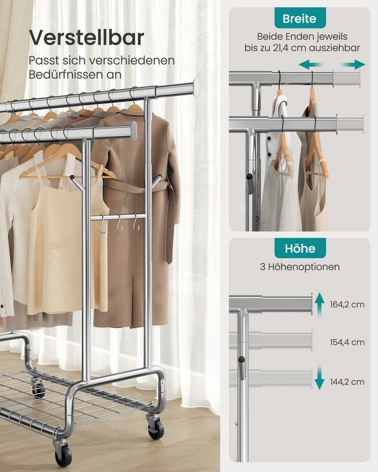 SONGMICS Kleiderständer Schwerlast, silbern, ausziehbar, mit Rollen - Bild 4