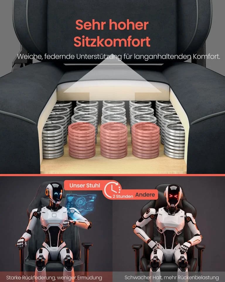 SONGMICS Gaming-Stuhl Grau Ergonomisch 4D Armlehnen - Bild 3