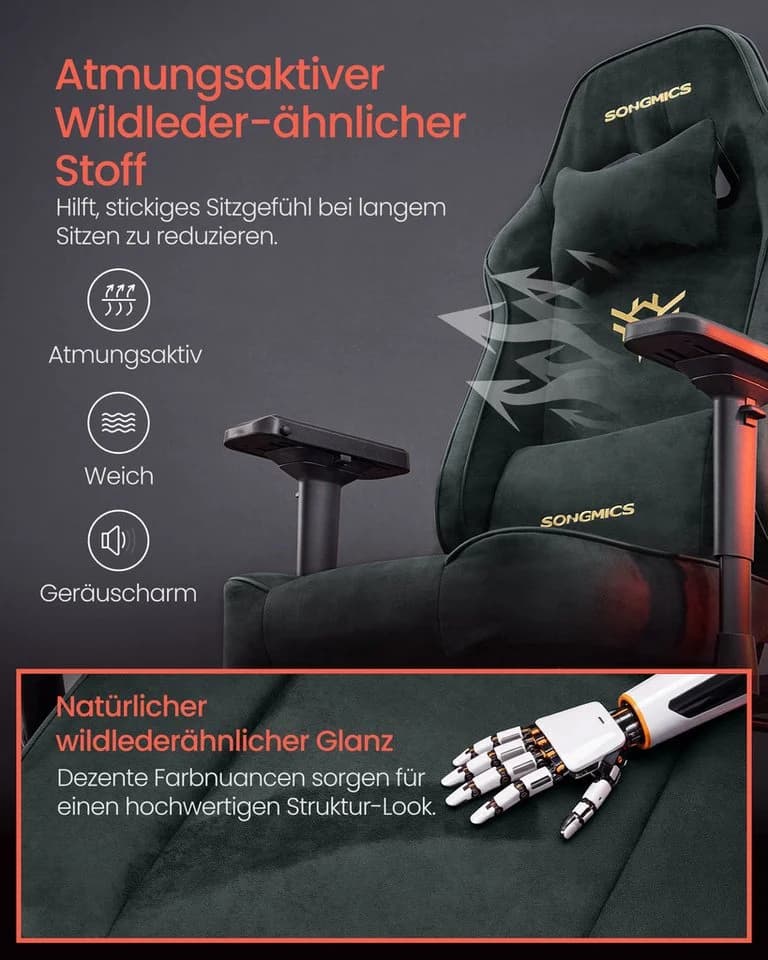 SONGMICS Gaming-Stuhl Grau Ergonomisch 4D Armlehnen - Bild 4