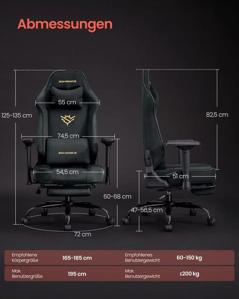 SONGMICS Gaming-Stuhl Grau Ergonomisch 4D Armlehnen - Bild 5
