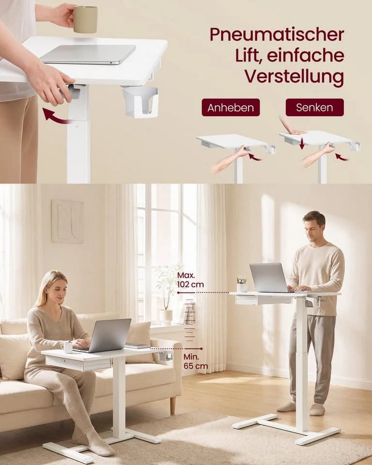 VASAGLE Höhenverstellbarer Schreibtisch Weiß mit Schublade und Rollen - Bild 3