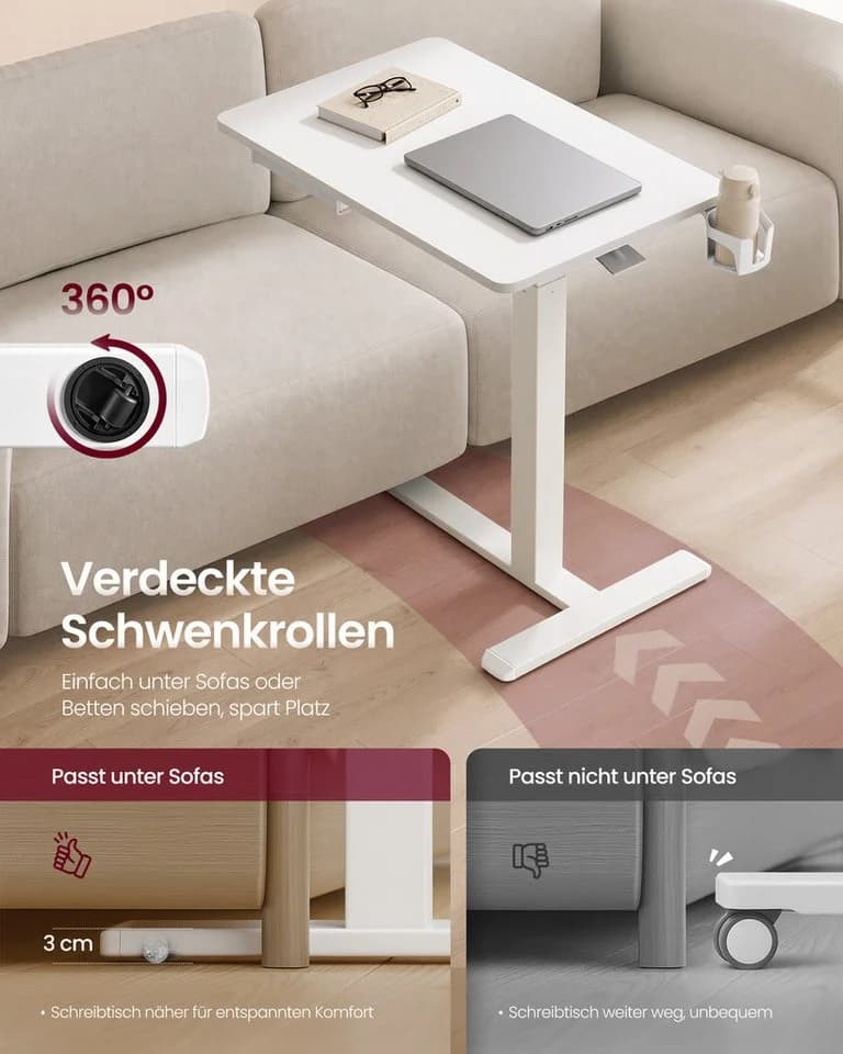 VASAGLE Höhenverstellbarer Schreibtisch Weiß mit Schublade und Rollen - Bild 4