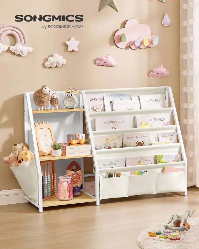 SONGMICS Bücherregal Kinder Spielzeugtruhe mit Seitentasche Herbstgelb