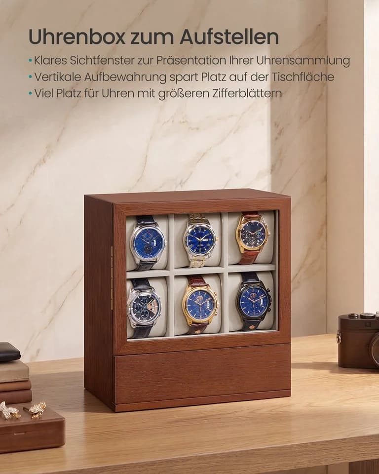 SONGMICS Uhrenbox 6/12 Fächer mit Sichtfenster