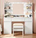 VASAGLE Schminktisch mit LED-Beleuchtung, Schubladen und Hocker Weiß Bild 2