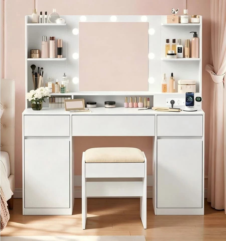 VASAGLE Schminktisch mit LED-Beleuchtung, Schubladen und Hocker Weiß - Bild 2