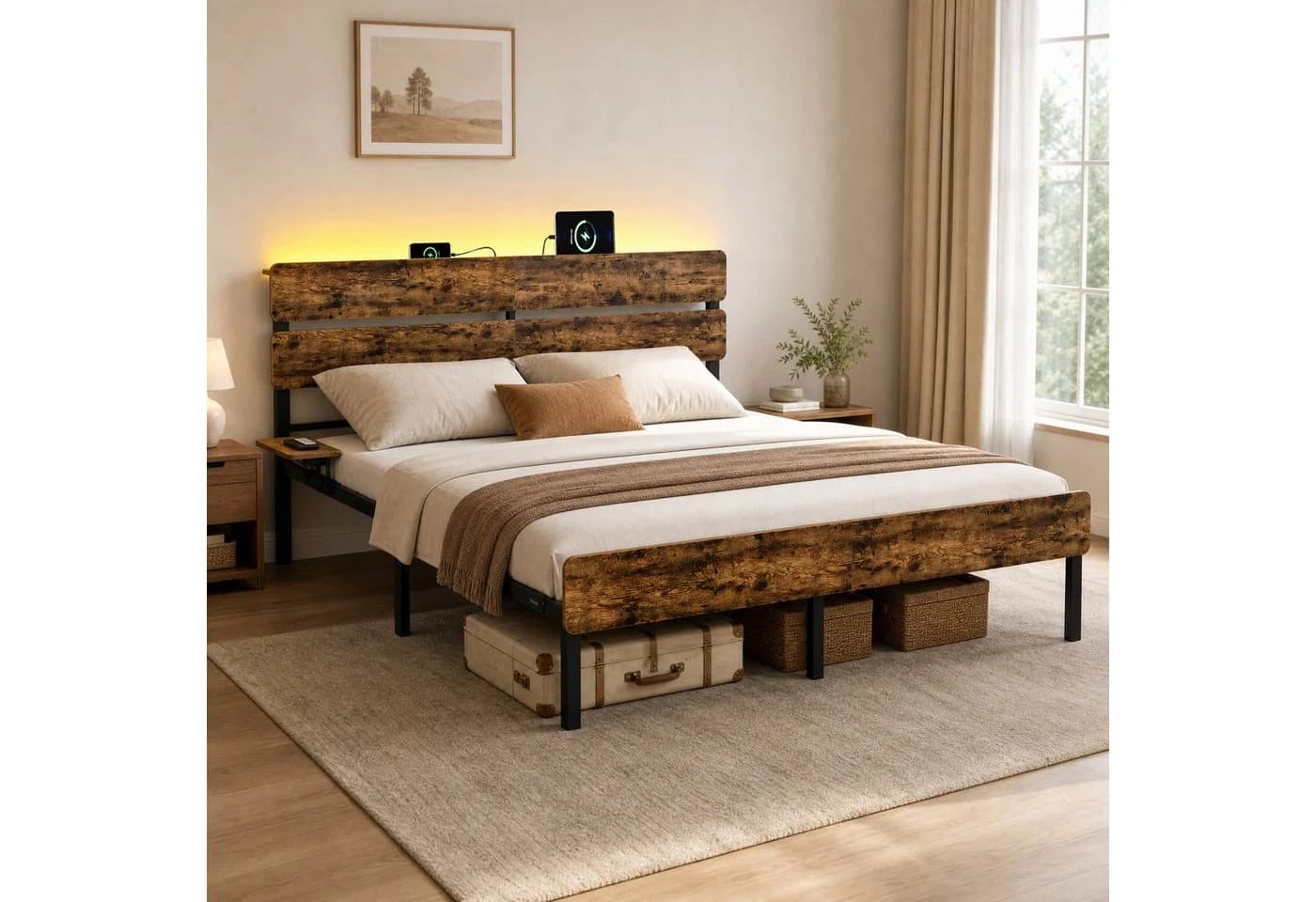 VASAGLE Doppelbettgestell 160x200 cm mit LED, USB & Stauraum - Bild 2