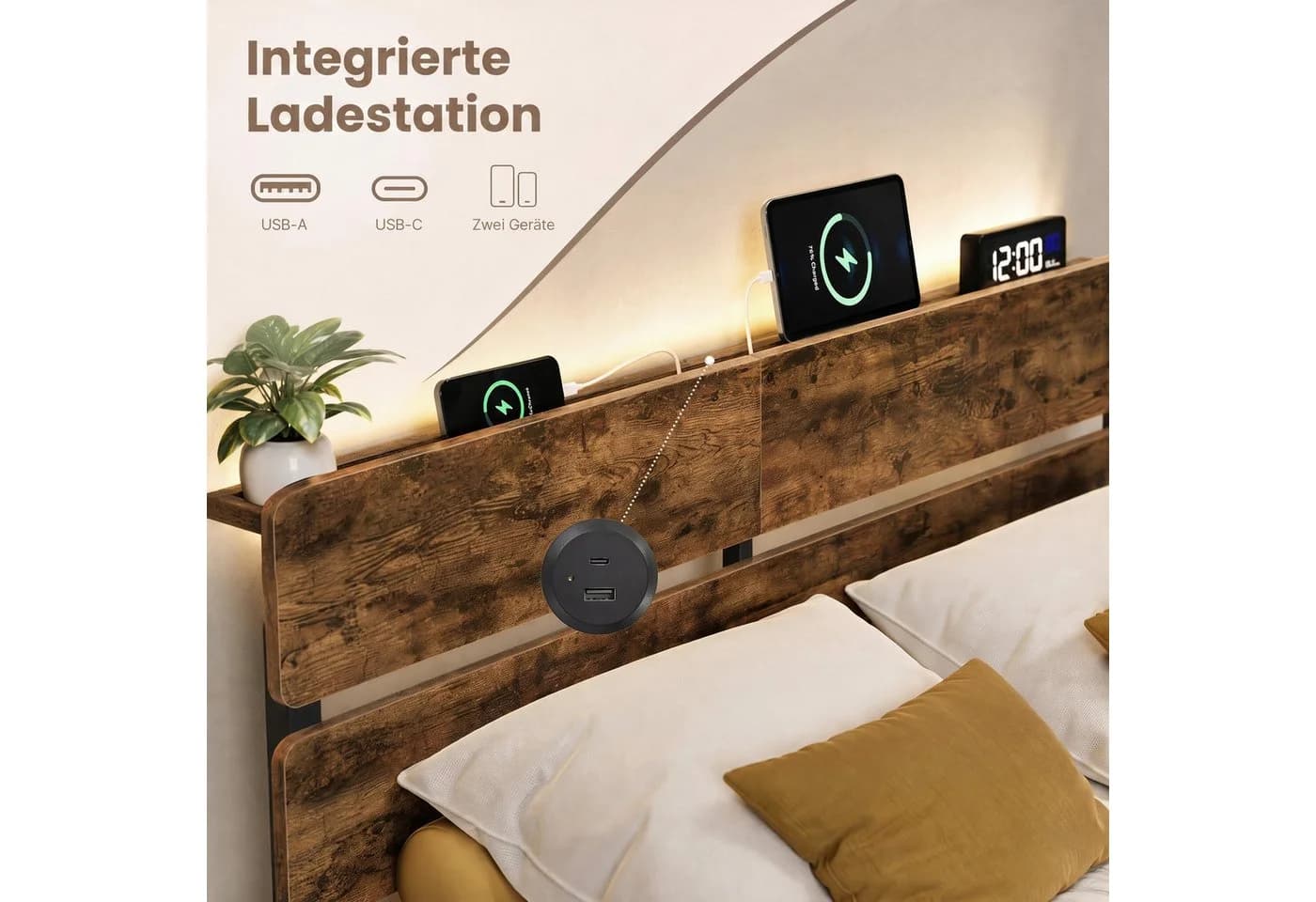 VASAGLE Doppelbettgestell 160x200 cm mit LED, USB & Stauraum - Bild 4