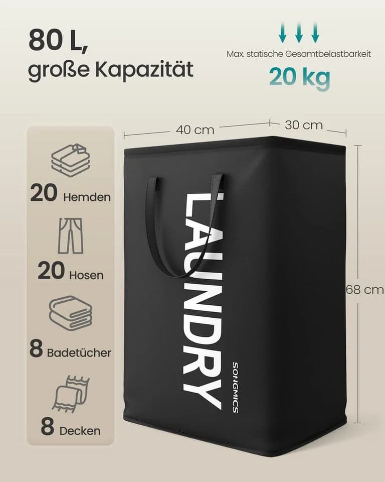 SONGMICS Wäschekorb 2er Set 80 L Faltbar Schwarz - Bild 3