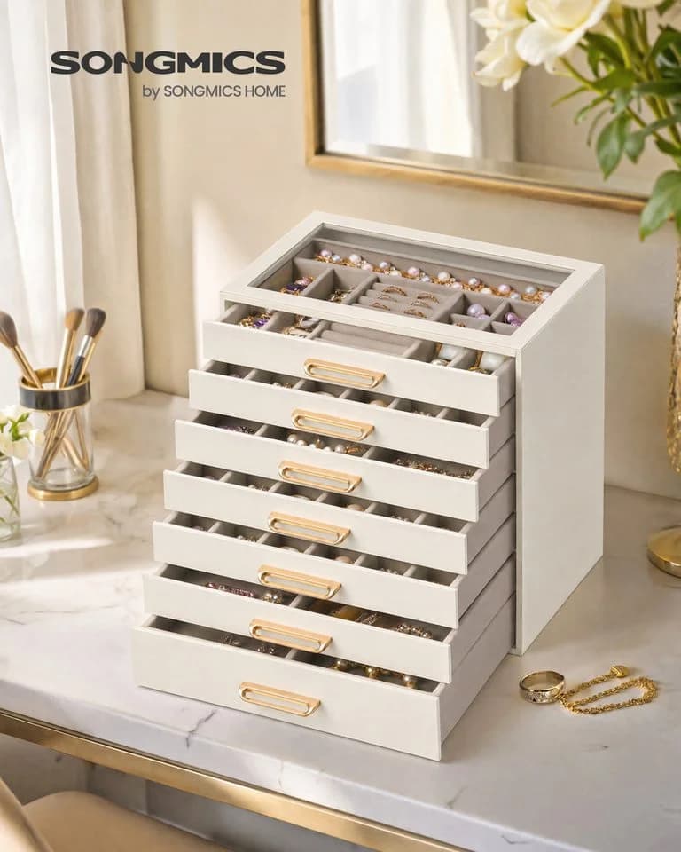 SONGMICS Schmuckkästchen Cremeweiß/Beige mit Glasdeckel und Schubladen