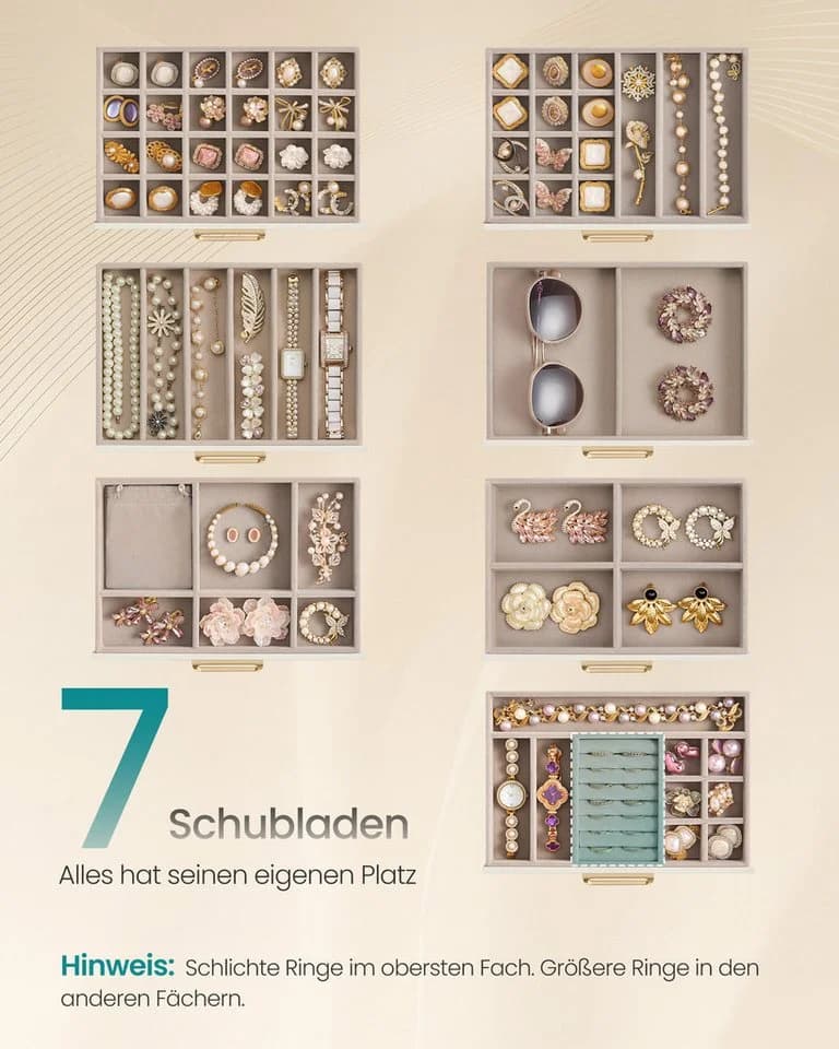SONGMICS Schmuckkästchen Cremeweiß/Beige mit Glasdeckel und Schubladen - Bild 4