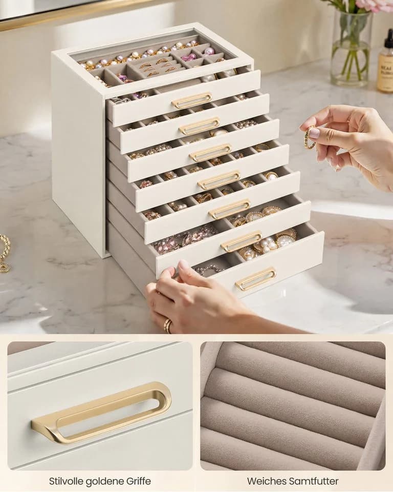 SONGMICS Schmuckkästchen Cremeweiß/Beige mit Glasdeckel und Schubladen - Bild 5