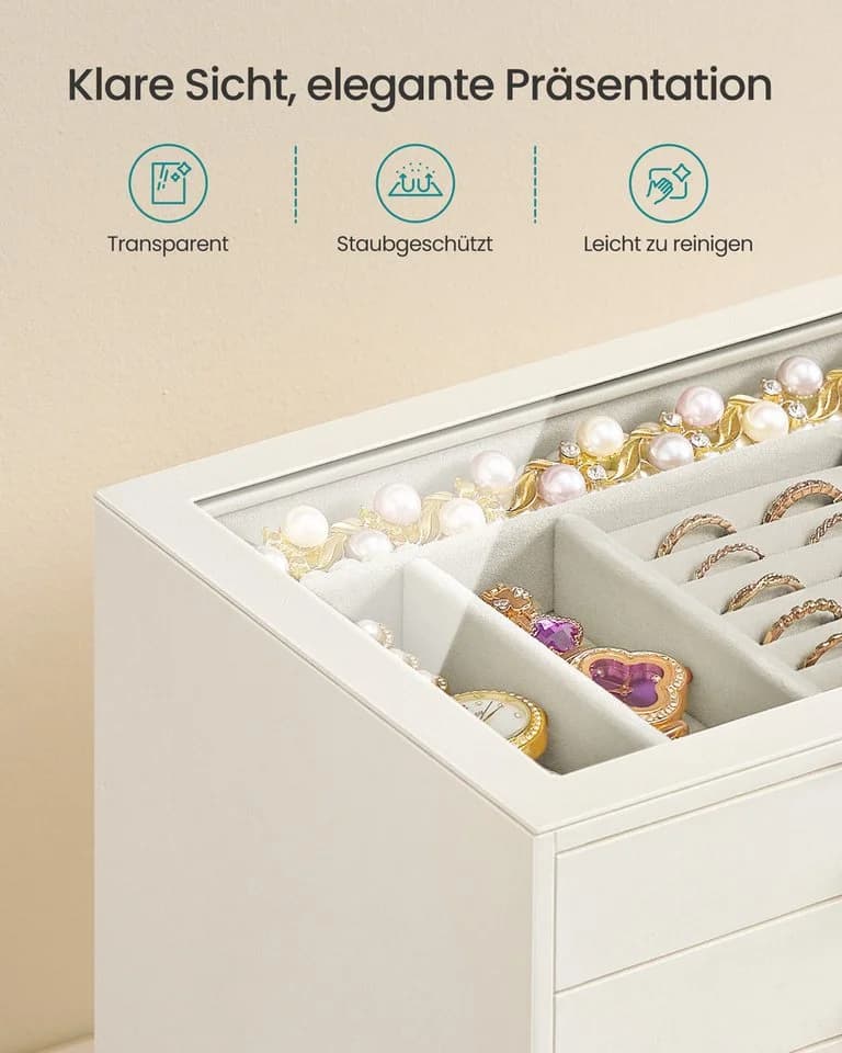 SONGMICS Schmuckkasten Cremeweiß mit Glasdeckel und Samt-Innenleben - Bild 3