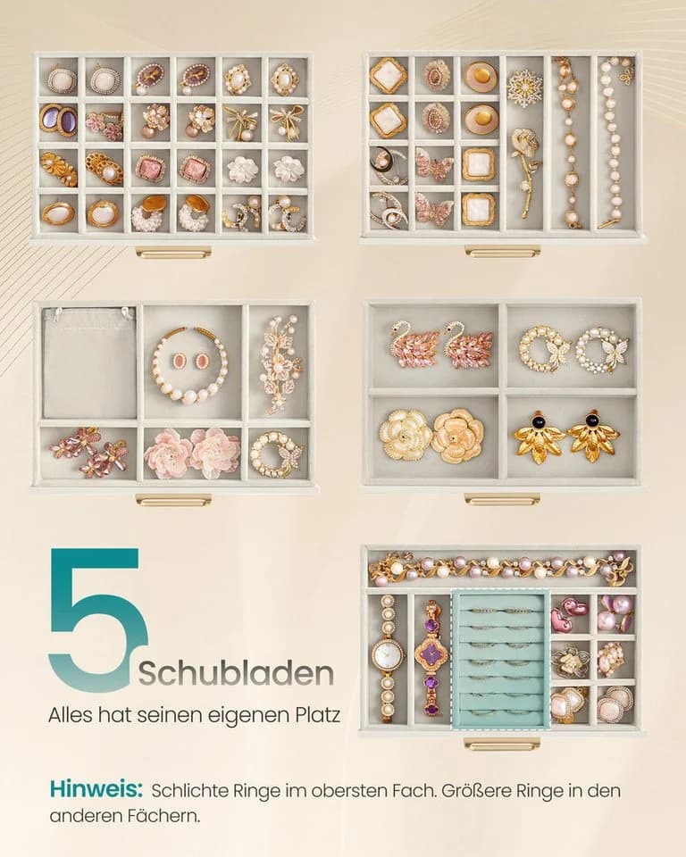 SONGMICS Schmuckkasten Cremeweiß mit Glasdeckel und Samt-Innenleben - Bild 4