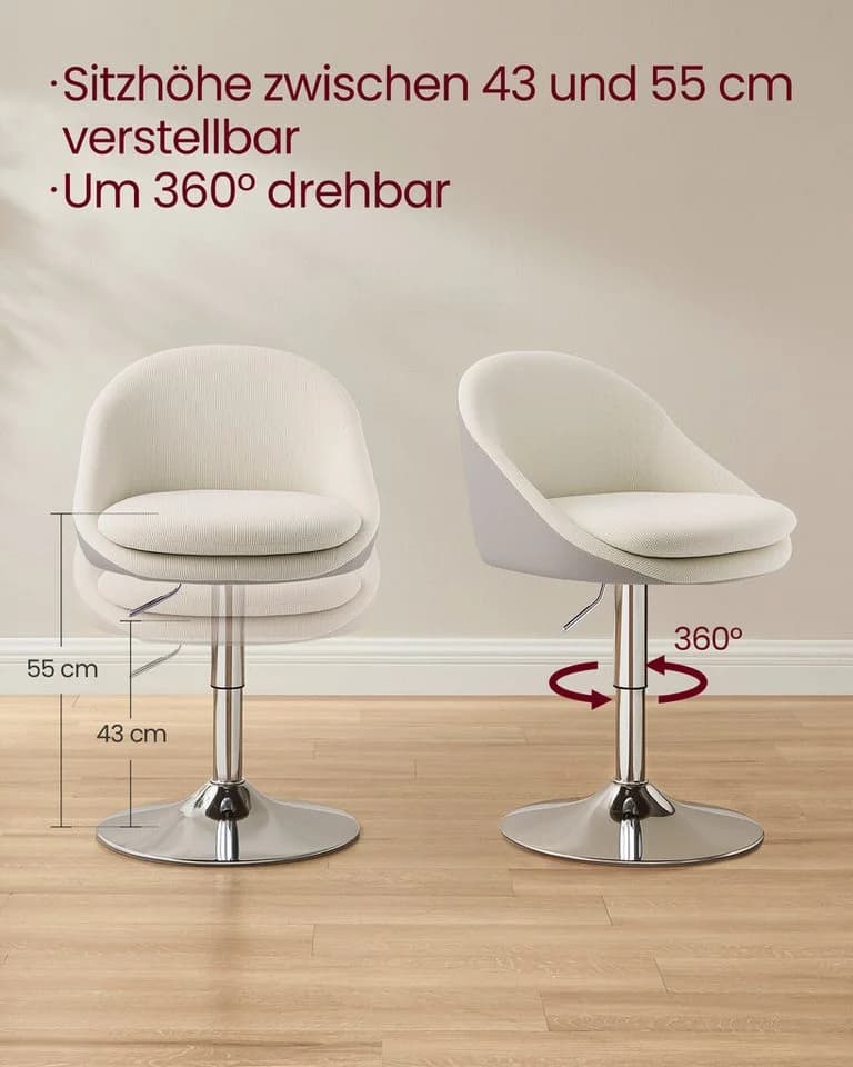 VASAGLE Barhocker mit Rückenlehne höhenverstellbar 360° drehbar Hellmokka - Bild 5