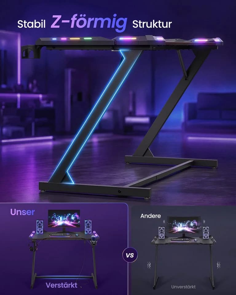 VASAGLE Gaming Tisch mit RGB Beleuchtung und Getränkehalter - Bild 4