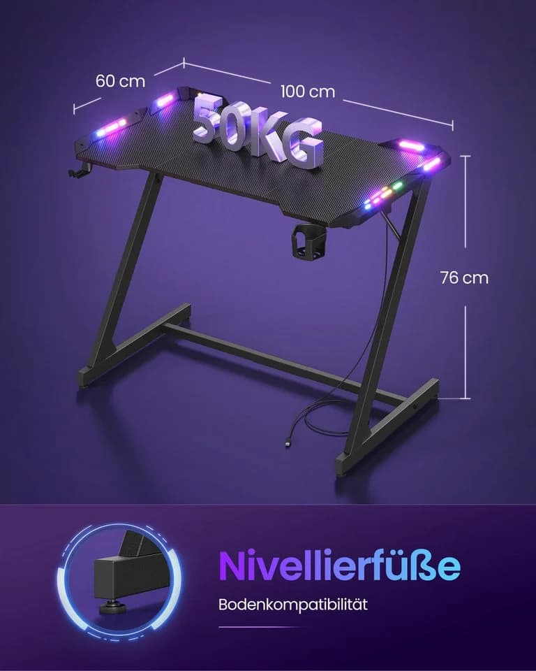 VASAGLE Gaming Tisch mit RGB Beleuchtung und Getränkehalter - Bild 5