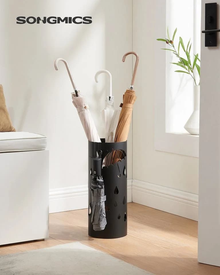 SONGMICS Schirmständer Anthrazit mit Wasserauffangschale und 4 Haken