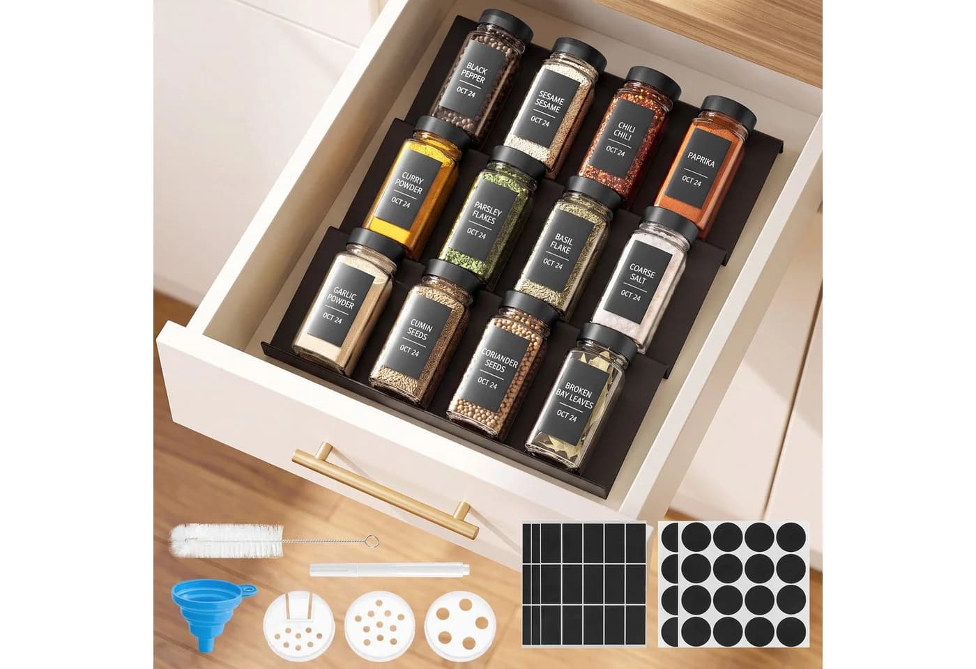 SONGMICS Gewürzbehälter 12er Set Schwarz Glas