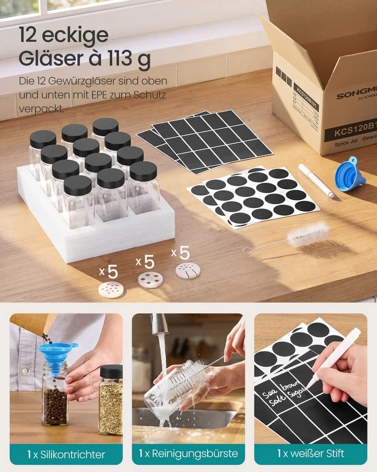SONGMICS Gewürzbehälter 12er Set Schwarz Glas - Bild 5