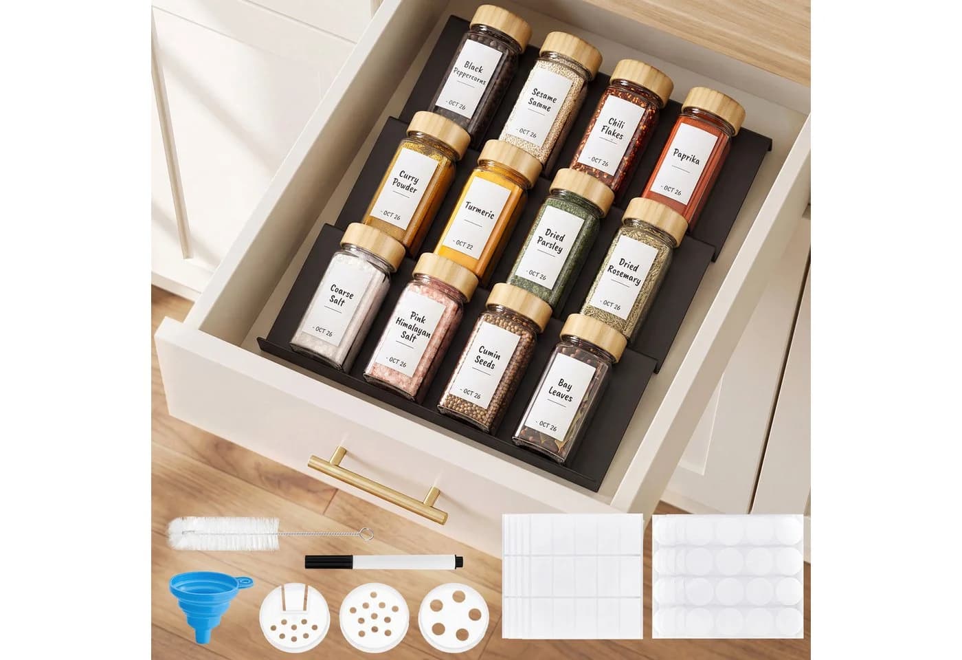 SONGMICS Gewürzglas-Set 12-tlg. Glas Bambus Naturbeige