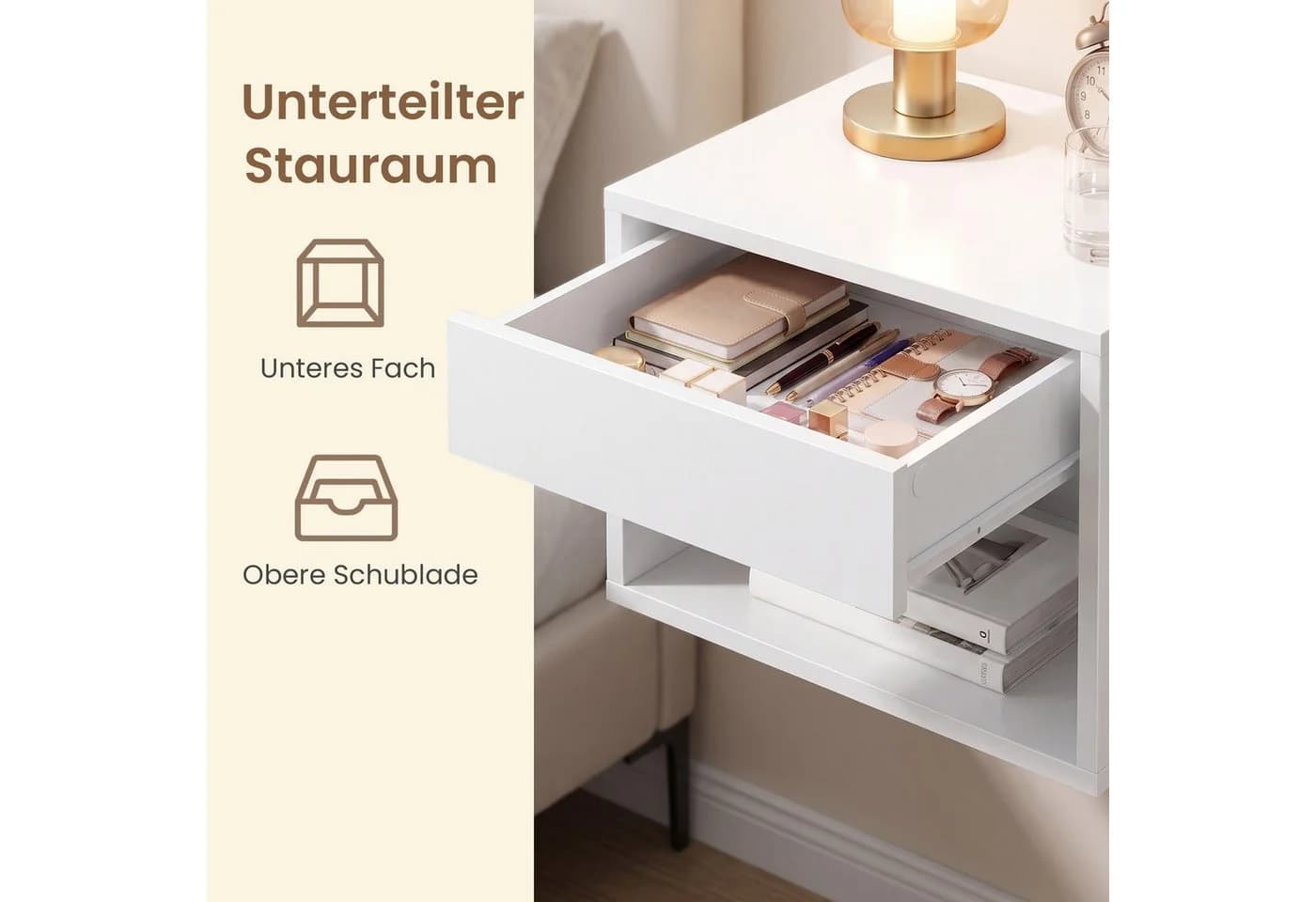 VASAGLE Nachtschrank 2er Set Schwebend mit Schublade Weiß - Bild 4