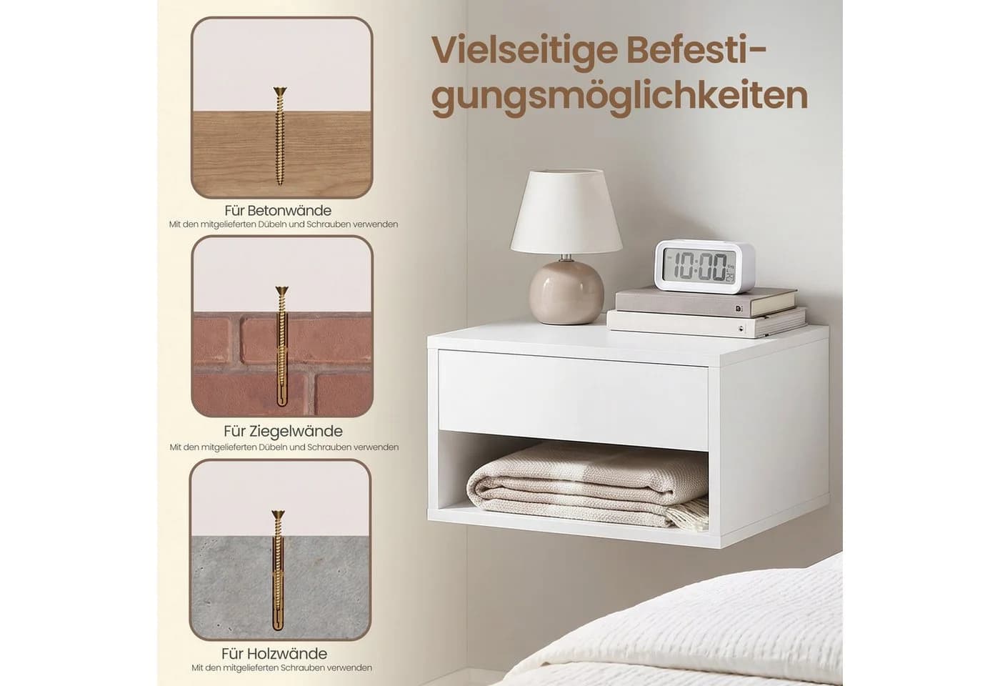 VASAGLE Nachtschrank 2er Set Schwebend mit Schublade Weiß - Bild 5