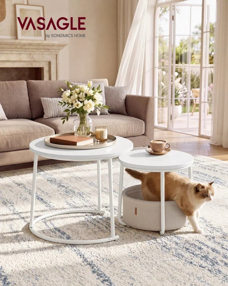 VASAGLE Couchtisch 2er Set rund Beige/Mattweiß mit Stauraum