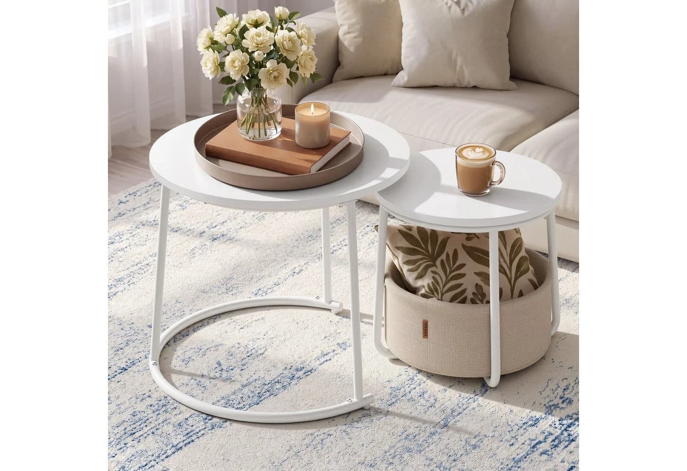 VASAGLE Couchtisch 2er Set rund Beige/Mattweiß mit Stauraum - Bild 2