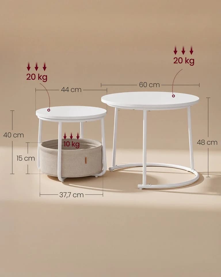 VASAGLE Couchtisch 2er Set rund Beige/Mattweiß mit Stauraum - Bild 3
