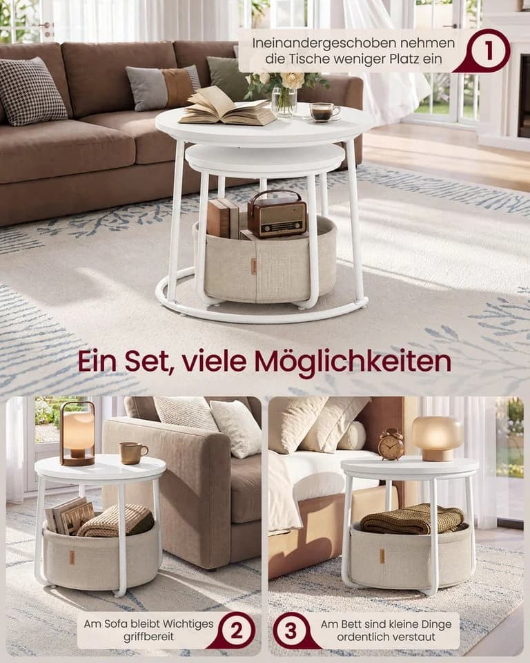 VASAGLE Couchtisch 2er Set rund Beige/Mattweiß mit Stauraum - Bild 4