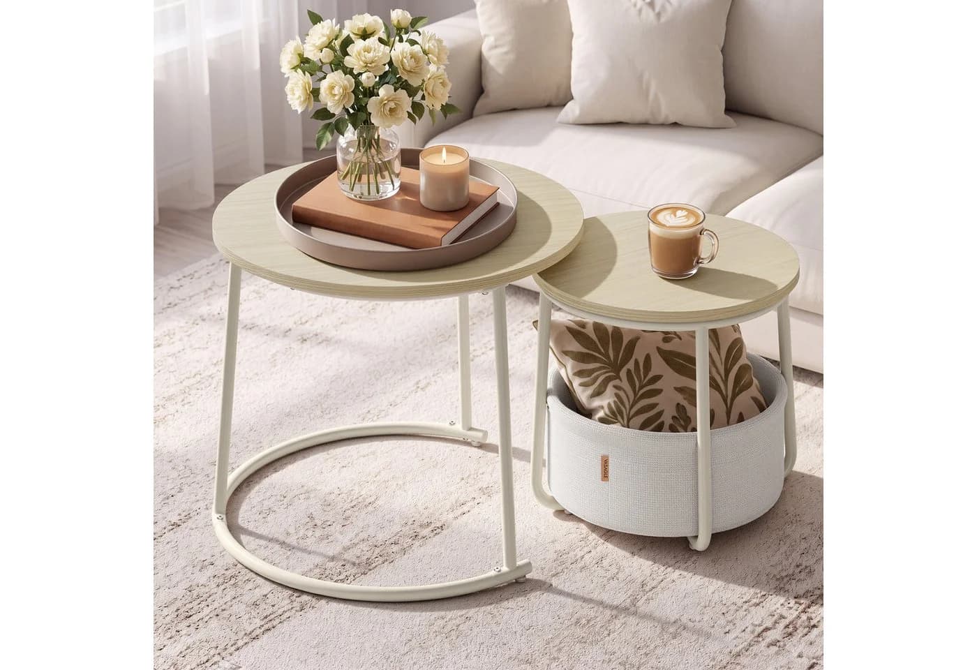VASAGLE Couchtisch 2er Set rund Mattweiß/Beige mit Stauraum - Bild 2