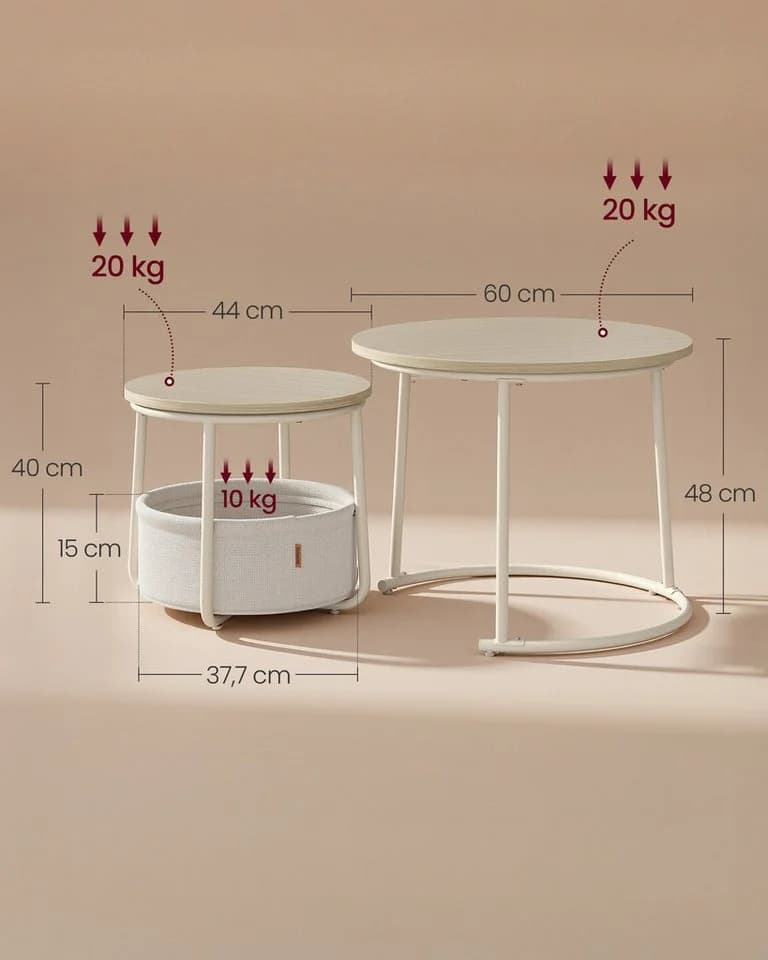 VASAGLE Couchtisch 2er Set rund Mattweiß/Beige mit Stauraum - Bild 3