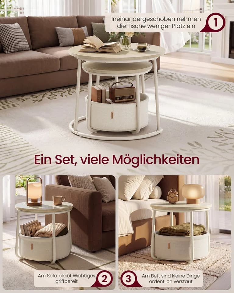 VASAGLE Couchtisch 2er Set rund Mattweiß/Beige mit Stauraum - Bild 4