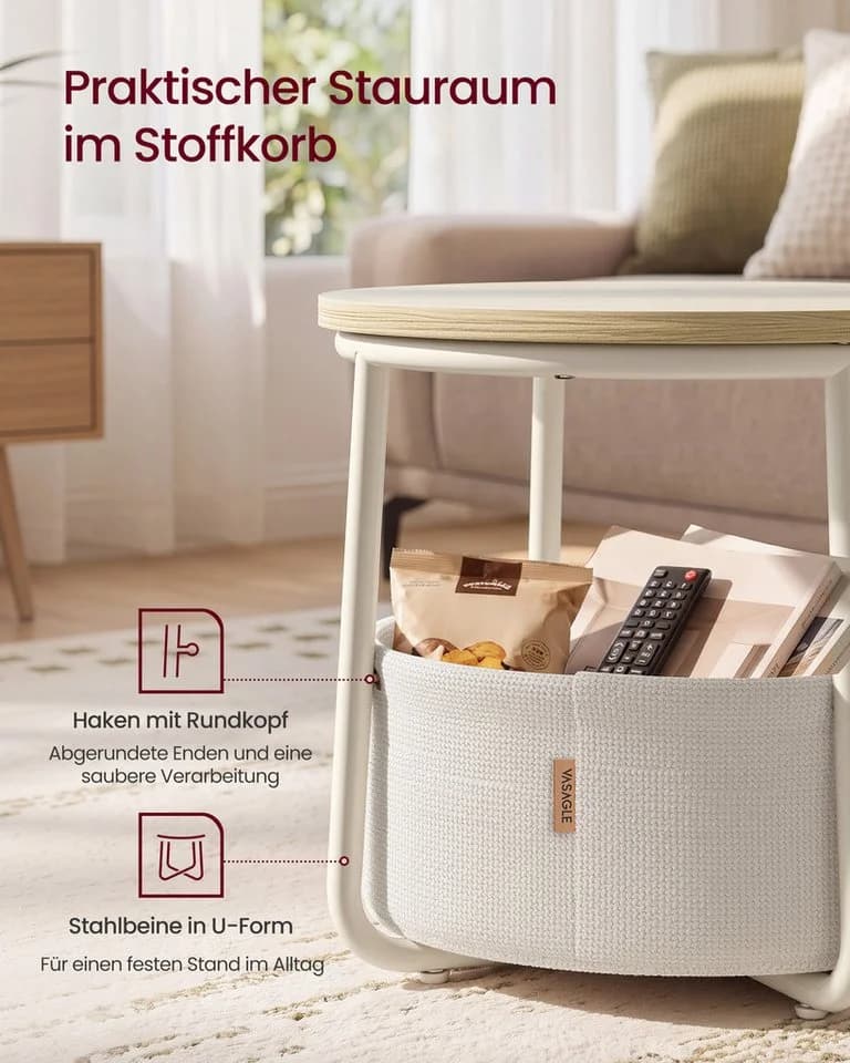 VASAGLE Couchtisch 2er Set rund Mattweiß/Beige mit Stauraum - Bild 5