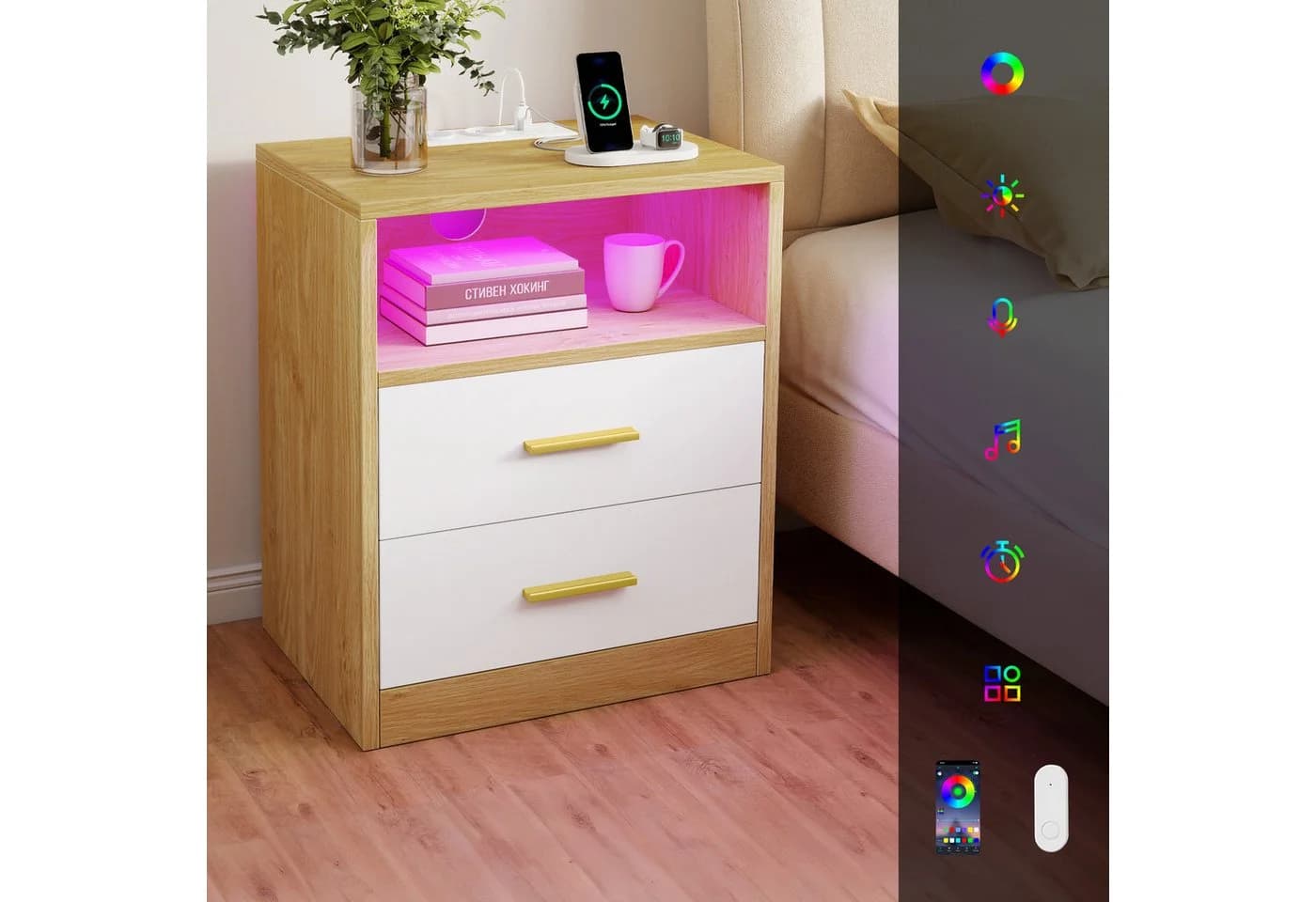 VASAGLE Nachttisch mit LED & Ladestation, 2 Schubladen, 2x AC + USB