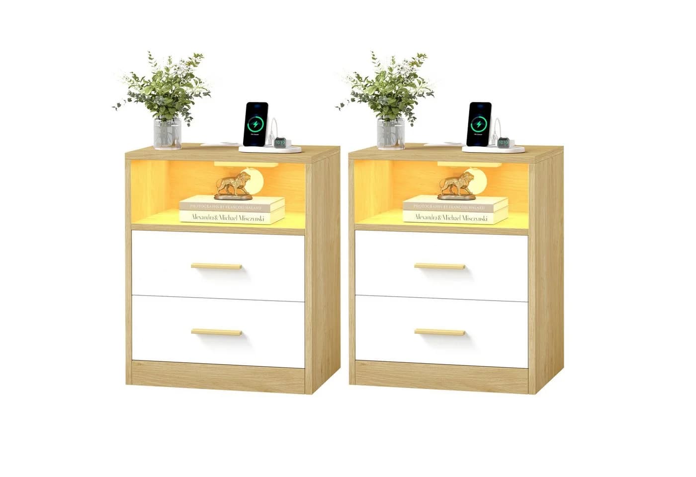 VASAGLE Nachttisch mit LED & Ladestation, 2 Schubladen, 2x AC + USB - Bild 2