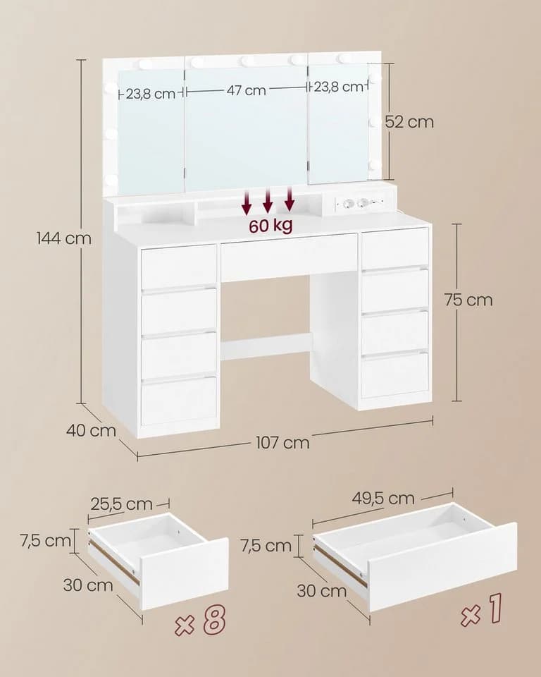 VASAGLE Schminktisch mit 3-teiligem Spiegel & 11 LEDs - Bild 4
